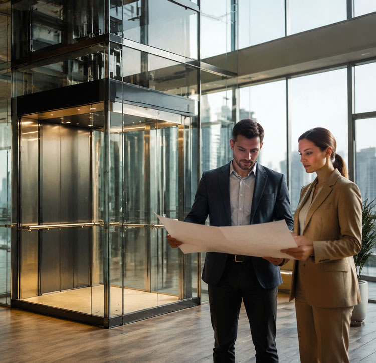 Kelevator سیلز ٹیم ایک ایلویٹر پروجیکٹ پر بحث کر رہی ہے